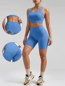 Custom <b>Blue</b> 2 Piece Yoga Set Racerback Crop Top High Waist Shorts Seamless With Pockets Four Way Stretch Spandex Polyester - Product Image 4