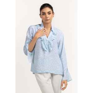 Blusa Tejida Retro Azul Cielo 231-217-072 de Algodón y Gasa con Cuello Solapa Talla XL Ajustada Corta Formal para Verano, Otoño y Primavera - Product Image 1
