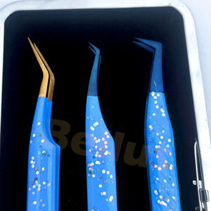 Pinzas de pestañas de acero inoxidable duraderas, herramienta de extensión de pestañas sostenible con punta puntiaguda azul recubierta de brillo con opción de marca - Product Image 3