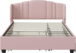 Vua Nữ Hoàng Kích Thước Đầy Đủ Màu Hồng Vải Nền Tảng Khung Giường Với Bọc wingback Đầu Giường Trundle Ngăn Kéo - Product Image 4