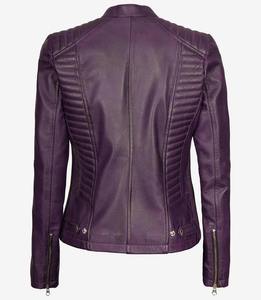 แจ็กเก็ตหนังสำหรับผู้หญิงแบบคลาสสิกสีม่วงมีซิปด้านหน้าสำหรับนักขี่จักรยาน - Product Image 6