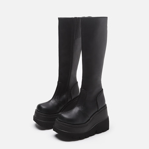 <span class=keywords><strong>Bottes</strong></span> mi-mollet pour femmes, tendance actuelle, de qualité supérieure, à large tige, à talons compensés, avec fermeture éclair, élégantes, pour l'hiver, noires - Product Image 1