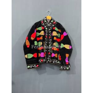 Veste courte bohème unisexe en velours avec doublure en coton et broderie florale ouzbèke pour femme, col montant, automne/hiver - Product Image 2