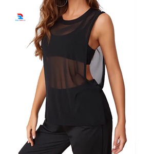 Vintage maille pure hauts sans manches femmes sans manches t-shirt dames entraînement Sexy Transparent Yoga haut Fitness maille transparente hauts - Product Image 1