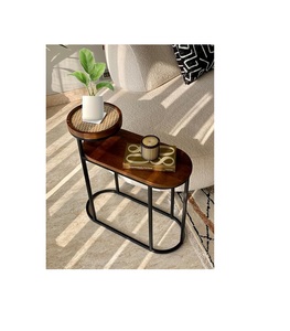 โต๊ะข้างโลหะทรงกลมขนาดเล็กพร้อมท็อปไม้เหมาะสำหรับการตกแต่งเฟอร์นิเจอร์บ้านแบบมินิมอล - Product Image 1