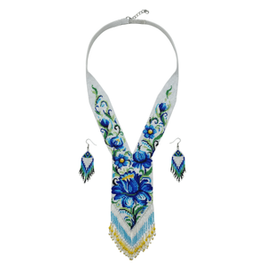 Blue Blossom Bohemian Beaded Necklace and Earring <b>Set</b> Gold Plated Horn Jewelry for Parties Fine Bridal Jewelry - Product Image 4