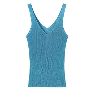 Nuevas mujeres verano transpirable cuello en V Color sólido tejido chaleco Sexy camiseta sin mangas Spandex/poliéster estilo dulce Casual - Product Image 3