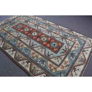 Alfombra de 5.3x9 pies, Alfombra Turca Vintage, Alfombra de Lana Ikat Azul - Product Image 4