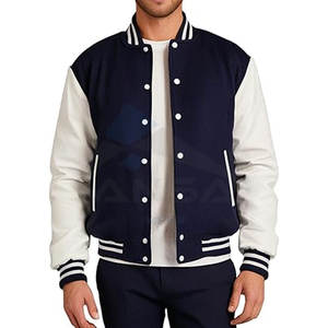 Chaqueta Universitaria de Lana y Cuero para Hombre, Estilo Varsity Premium, Ajuste Ajustable, Ropa de Abrigo Cálida para Invierno, Logotipo Personalizado, Azul Marino y Blanco - Product Image 3
