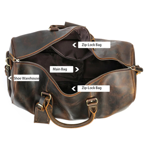 Sac de voyage en cuir, sac de week-end avec fermeture à glissière et compartiment à chaussures, marron - Product Image 2