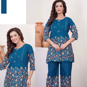 Conjunto de Kurta y Pantalón con Estampado Floral Azul para Mujer, Ropa Étnica de Diseñador - Product Image 2