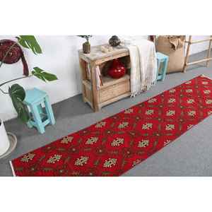 2x9 ft Turkish Vintage Rug, <b>Runner</b> Rug, <b>Red</b> Yellow Moroccan Wool Rug - Product Image 3