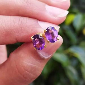 Gold Plated Solid 925 Sterling <b>Silver</b> Amethyst Stone <b>Stud</b> Push Back Trendy Design Earring Women Girl Best Gifts Her - Product Image 4