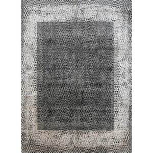 Gulmarg AKPS-3010 Hand Knotted Silk <b>Rug</b> Grey <b>Black</b> Geometric Abstract Pattern for Home Living Hallway Bedside-Rectangle Shape - Product Image 1