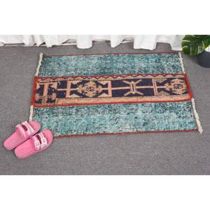 Tapis en laine turque bleu et rouge vintage 1.9x2.9 pieds tissage plat Patchwork Design pour les décorations de salon - Product Image 4