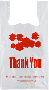 Bolsas de compras de plástico transparente con logotipo personalizado con asas, proveedor de diseño de camisetas de agradecimiento para uso alimentario en supermercados - Product Image 5