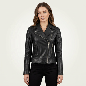 Chaqueta de Motociclista para Mujer, de Piel de Oveja Negra Genuina, con Mangas Acolchadas, Cierre Asimétrico, Transpirable, Impermeable y Resistente al Viento - Product Image 1