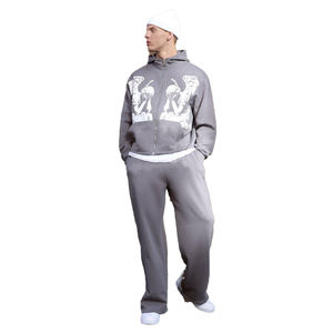 High Quality Tracksuit Acid <b>Wash</b> 100% Cotton <b>Screen</b> Printing Logo Flared Trouser and Zipper Hoodie Oversized Tracksuit For Men's - Product Image 1
