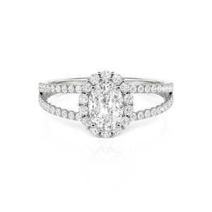 Jeulia <b>Split</b> Shank Halo Oval Cut Sterling Silver Diamond <b>Ring</b> - Product Image 1