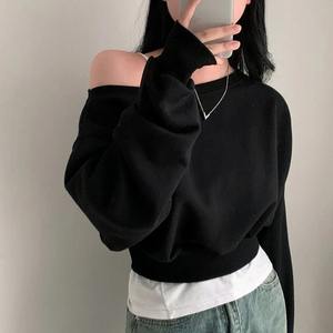 1 Uds. Sudadera recortada informal para mujer 100% algodón estampado Anti-Shrink Off-Shoulder Hoodie ropa informal suelta ropa femenina frontal - Product Image 2