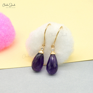 Boucles d'oreilles crochet en or jaune 14 carats 10.3 CTW améthyste longue larme pierre précieuse boucle d'oreille couleur G-H diamant balancent goutte bijoux grossiste - Product Image 1