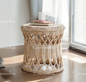 Haute qualité bambou rond assis pouf rotin pouf Vintage Tables rondes pour salon balcon jardin os incrustation Console - Product Image 6