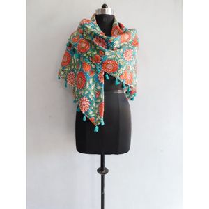 Indian <b>Orange</b> Hand Block Floral Printed Women Wear Soft Cotton Tassels Shawl <b>Scarf</b> Long Neck Wrap Stole - Product Image 5