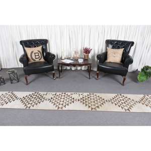 Modern <b>Vintage</b> Turkish <b>Rug</b> 1.9x12.5ft White Brown Patchwork Design Classic Wool Carpet for Living Room Hallway Latex Rectangle - Product Image 2