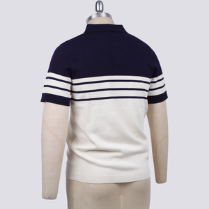 เสื้อโปโลผู้ชายลำลองสีกรมท่าและสีขาวบล็อกแขนสั้นฤดูร้อนสวมใส่ออกแบบลายทางผ้าถักระบายอากาศได้ - Product Image 3