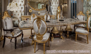 Juego de Muebles de Comedor Modernos de Madera de Teca Real con Tallado Pesado y Acabado en Pan de Oro, Color y Tamaño Personalizables - Product Image 6