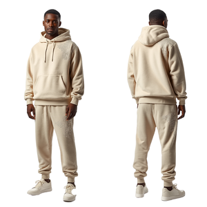Ensemble de survêtement de qualité supérieure pour homme, couleur beige crème, avec strass en cristal, sweat à capuche et pantalon de jogging en molleton de coton épais - Product Image 3