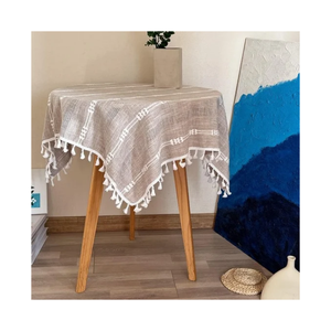 Minimalist Lightweight ISO 9001 Linen Cotton Square <b>Tablecloth</b> With Tassels Striped Pattern Washable Home Decor 60x120 Inch - Product Image 1