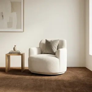 Fauteuil pivotant moderne de luxe blanc en polaire avec coussin et pieds en bois pour salon et chambre à coucher - Product Image 2