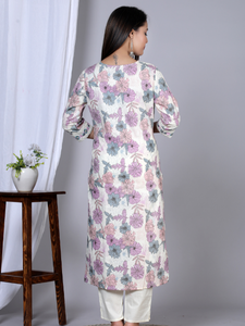 Pink Floral Printed Cotton Straight Kurta <b>Set</b> For <b>Women</b> With V-neck And 3/4th Sleeves Styled With Coordinated Pant And Dupatta - Product Image 5