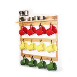 Coffee Mug Holder Wall Mount,Bamboo Coffee Cup Holder with 12 Mug Organizer Hooks, 3-Tier Mug Display for Kitchen