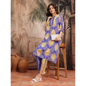 Conjunto de Kurta y Palazzo de Crepé Estampado Azul para Mujer, para Primavera/Verano, con Mangas Tres Cuartos - Product Image 1