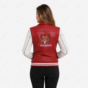 Veste universitaire en similicuir rouge pour femme Tiierwear, manches longues, fermeture éclair, design contrasté, vêtement d'automne - Product Image 4