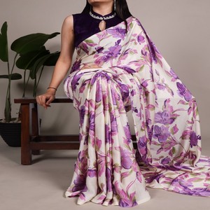 Sari de Seda Satén VASTRA COTTAGE con Estampado Floral y Blusa de Seda Natural Completamente Cosida, Ropa Étnica Elegante - Product Image 4
