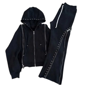 เสื้อฮู้ดดี้ผู้ชายแบบมีซิปคู่ประดับเพชรเทียม ผ้าฝ้าย 100% เฟรนช์เทอร์รี่  แบบเรียบ  พร้อมกางเกงขายาวทรงบานสำหรับผู้ชาย เสื้อฮู้ดดี้แขนยาวมีซิป - Product Image 1