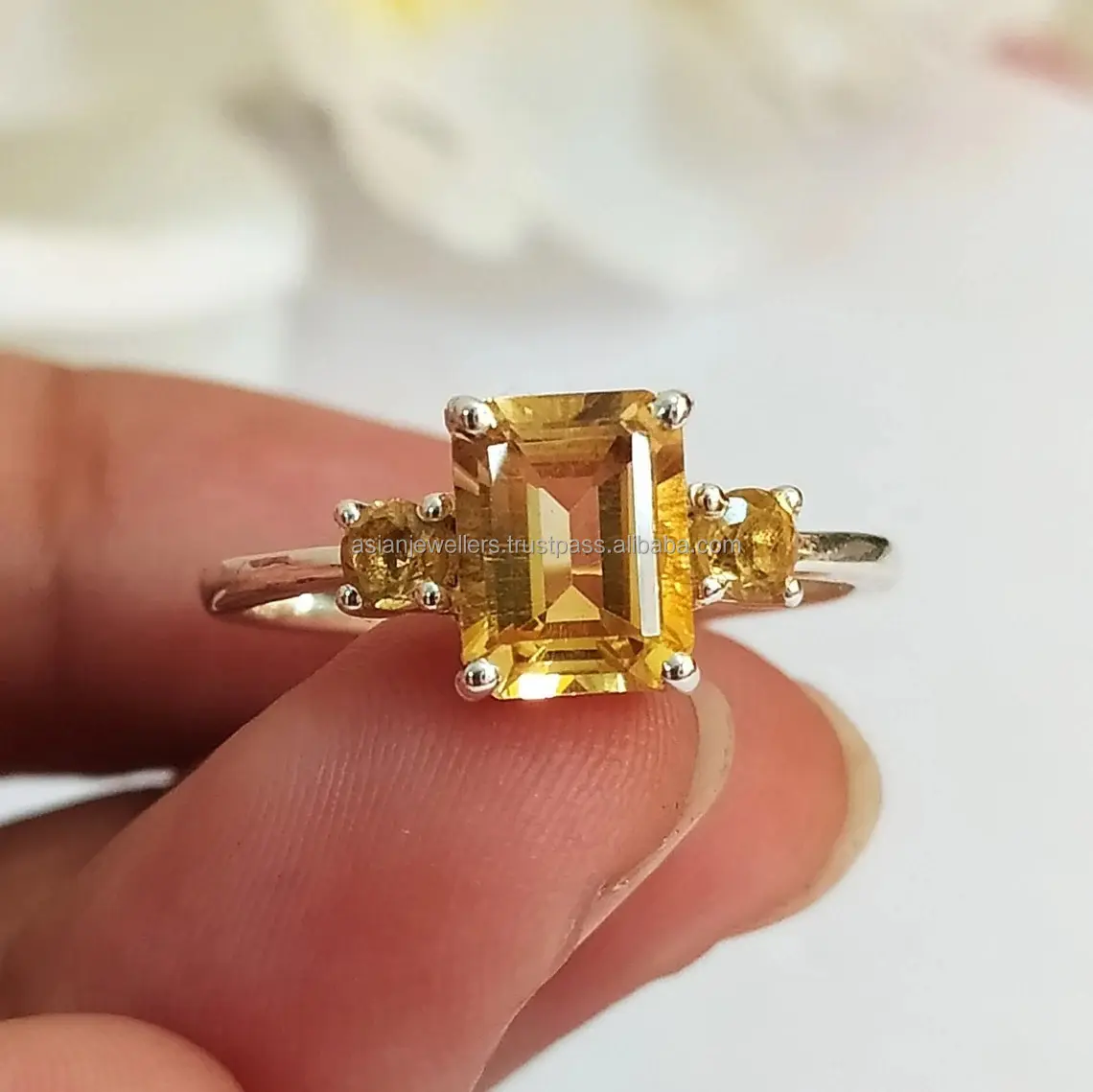 Golden Citrine Unique engagement Ring Citrine Vintage Engagement Emerald Cut Citrine Three Stone 925 Sterling Silver Ring