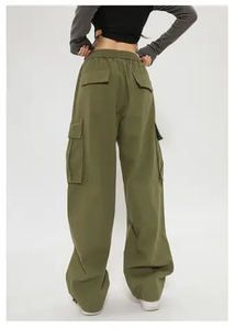 Pantalones Cargo Grises para Mujer, 100% Algodón, Corte Holgado, Cintura Media, Cordón Elástico, Largos, Estilo Casual, Color Sólido - Product Image 3