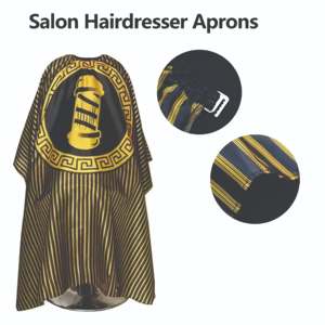 Cape de coiffure professionnelle de qualité salon - Tablier en polyester rayé jaune et noir avec fermeture à pression sécurisée, résistant à l'eau et écologique - Product Image 3