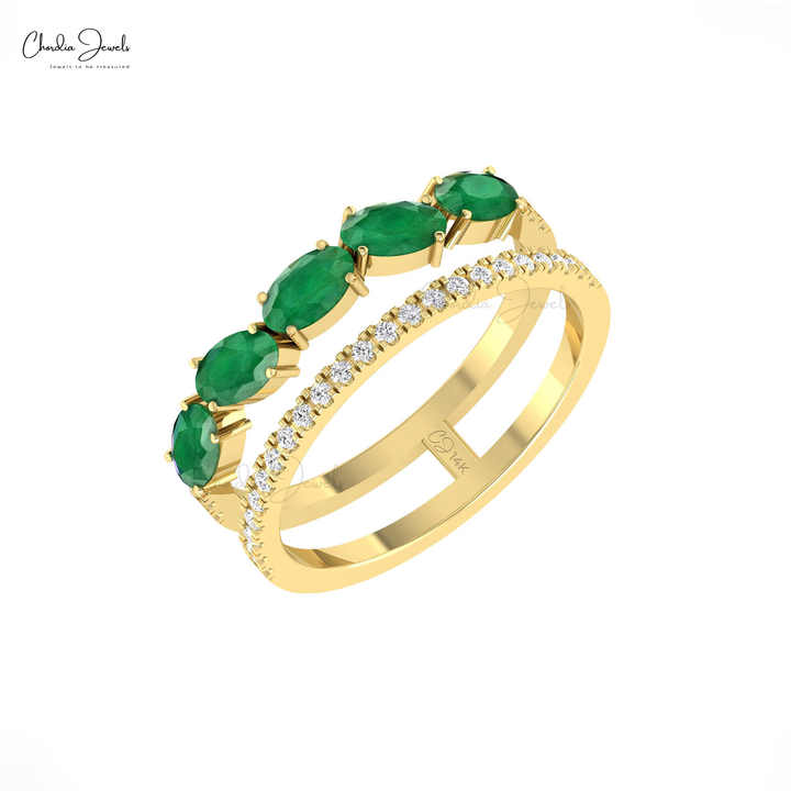 Modern Design Solid 14k Gold Oval Cut Emerald & Small Diamond Parallel ...