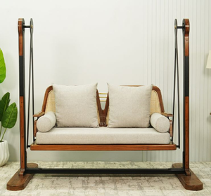 Balançoire d'extérieur à cadre blanc avec coussins bleus. Idéal pour se détendre sur le porche. Disponible à prix de gros - Product Image 4