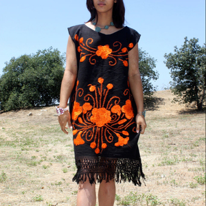 Vestido Bohemio de Talla Grande, Sin Mangas, de Algodón, Corte en A, Ecológico, con Bordado Floral a Mano, Dobladillo con Flecos, Largo hasta la Rodilla, Casual - Product Image 1