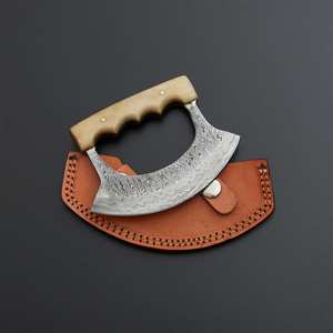 Handmade Damascus Stainless Steel Blade Ulu <b>Knife</b> Bone <b>Safe</b> Leather Sheath 0.354in Thickness Multi-Use Kitchen <b>Knife</b> DIY OEM - Product Image 4