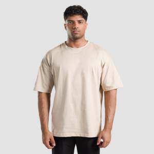 Men's Tone 100% Cotton <b>Short</b> <b>Sleeve</b> T-Shirt (Beige) 280g Jersey Knitted Breathable Vintage Street Oversized Letter Solid Logo - Product Image 2
