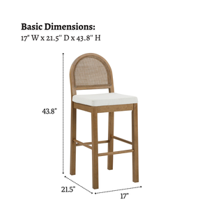 Tabouret de bar rembourré Japandi avec dossier, structure en bois massif et rotin naturel, tabouret de cuisine pour bar, restaurant et café - Product Image 3