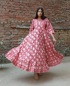 Robe longue d'été 2024 rouge 100 % coton à manches longues col rond vintage coupe trapèze ajustée respirante - Product Image 3