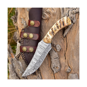 Couteau de chasse lame en acier Damas et couteau à manche en bois avec logo personnalisé | couteau en gros avec étui en cuir - Product Image 1
